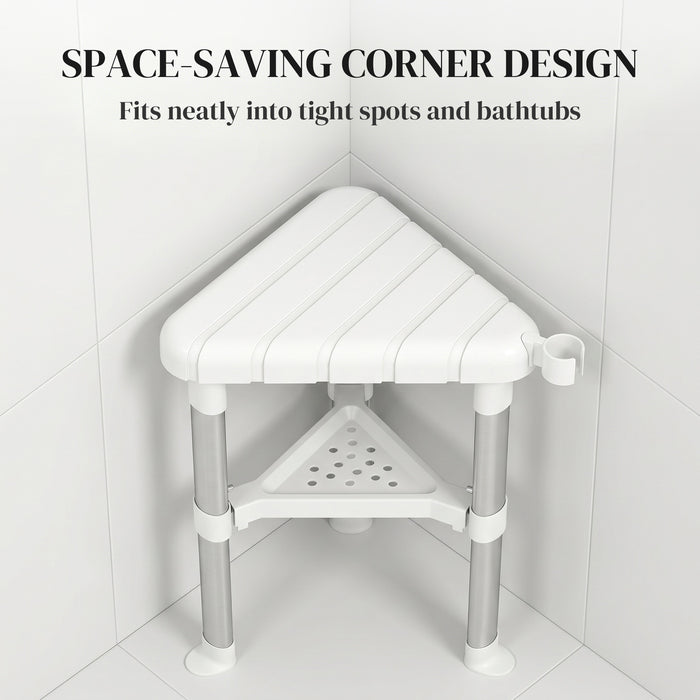 HOMCOM Shower Stool, Aluminium Alloy Corner Shower Chair with Storage Shelf and HDPE Seat, Adjustable Height, White