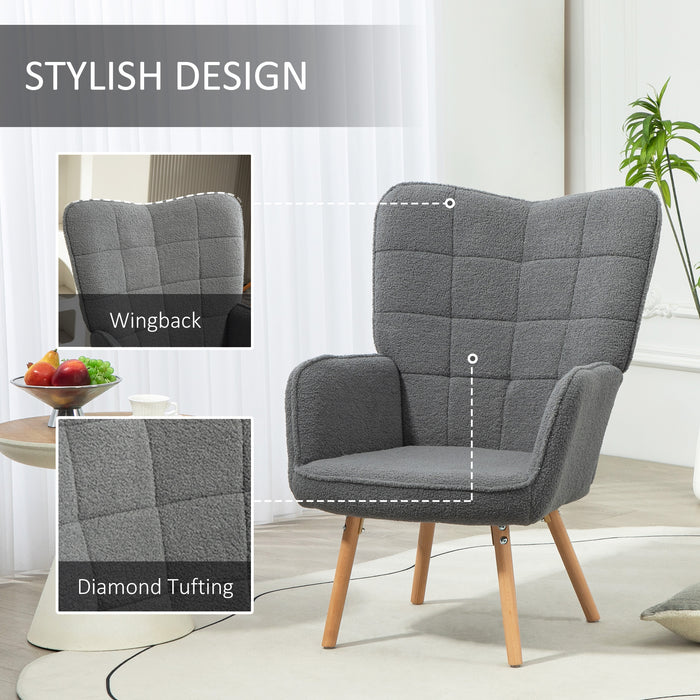 HOMCOM Modern Accent Chair, Upholstered Tufted Wingback Armchair with Seat Padding, Leisure Lounge Bedroom Chair with Wood Legs, Dark Grey