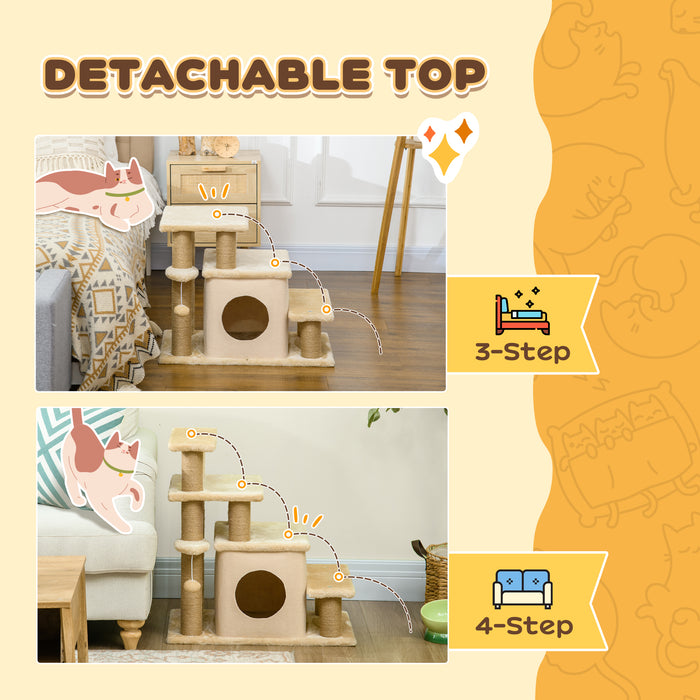 PawHut Adjustable Cat Steps, with House & Hanging Toy Ball - Beige | Aosom UK