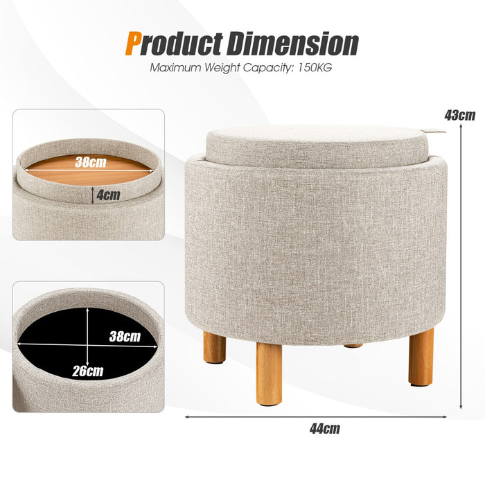 Modern Round - Padded Storage Ottoman with Hidden Space, Grey - Ideal for Space-Saving and Seating Solution