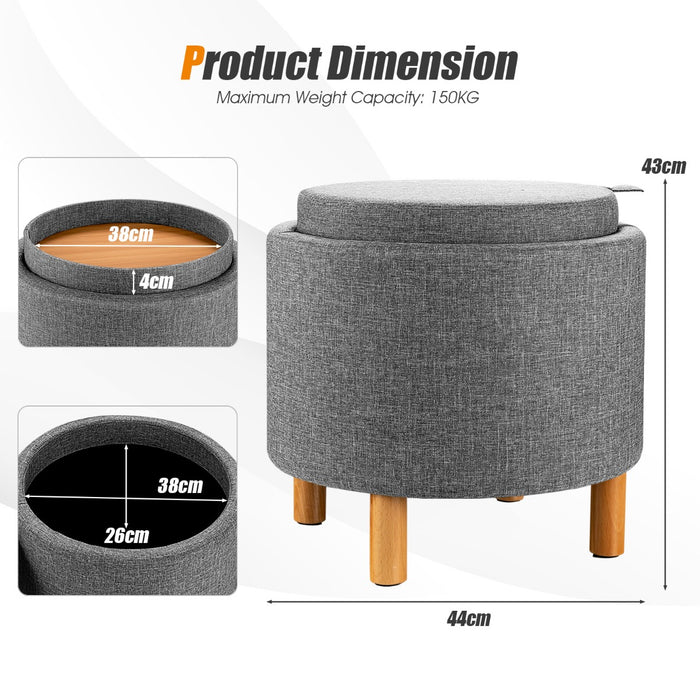 Modern Round - Padded Storage Ottoman with Hidden Space, Grey - Ideal for Space-Saving and Seating Solution
