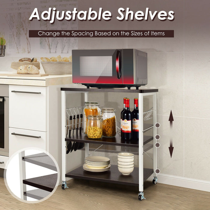 3 Tier Rolling Kitchen Baker's Rack with Adjustable Shelf and Hooks-Net Brown