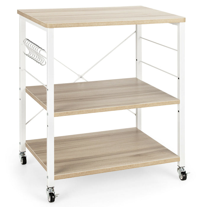 3 Tier Rolling Kitchen Baker's Rack with Adjustable Shelf and Hooks-Net Brown
