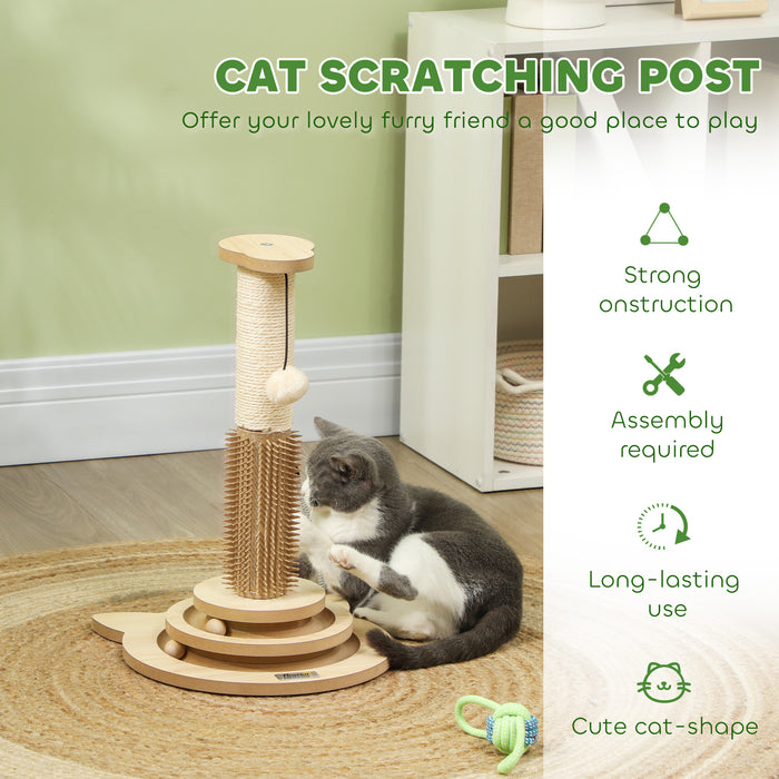PawHut 49cm 5 in 1 Cat Scratching Post with Sisal Post, Track Ball Toy, Self Grooming Brush, Hanging Toy Ball, Feather, Oak | Aosom UK