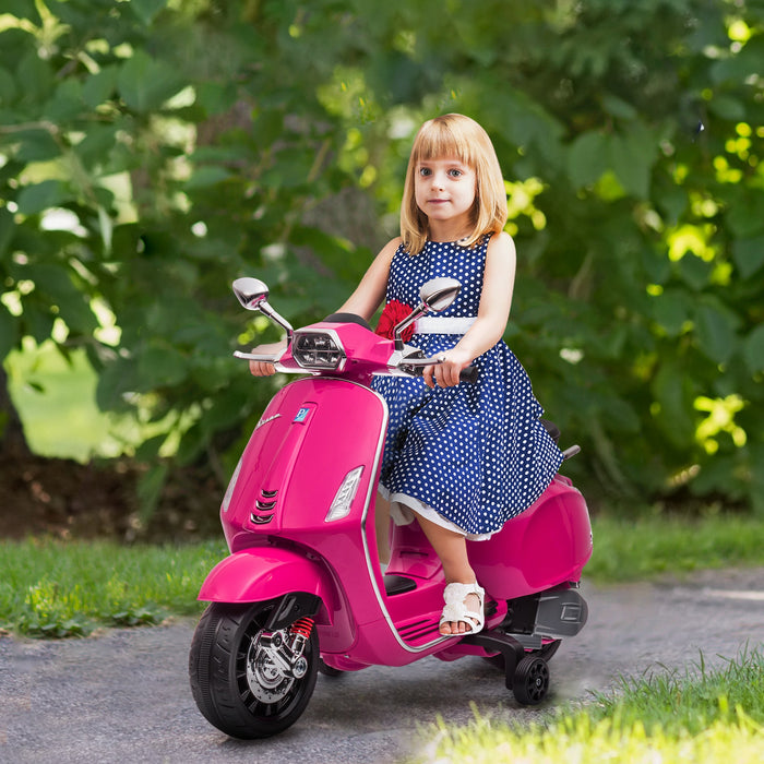 12V Vespa Licensed Ride-On Motorbike for Kids - Electric Motorcycle with Music, Headlights, FM Radio Features - Perfect for Children Aged 3-6 in Pink