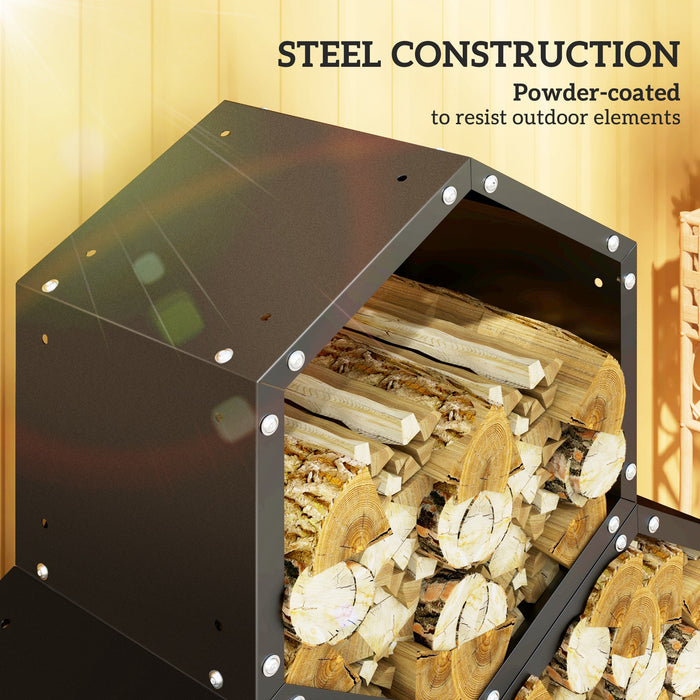 Outsunny Fireplace Log Rack, Steel Firewood Log Holder, 3 Hexagon Boxes, Indoor Outdoor Wood Storage Shelf, 113 x 37 x 113cm, Black | Aosom UK