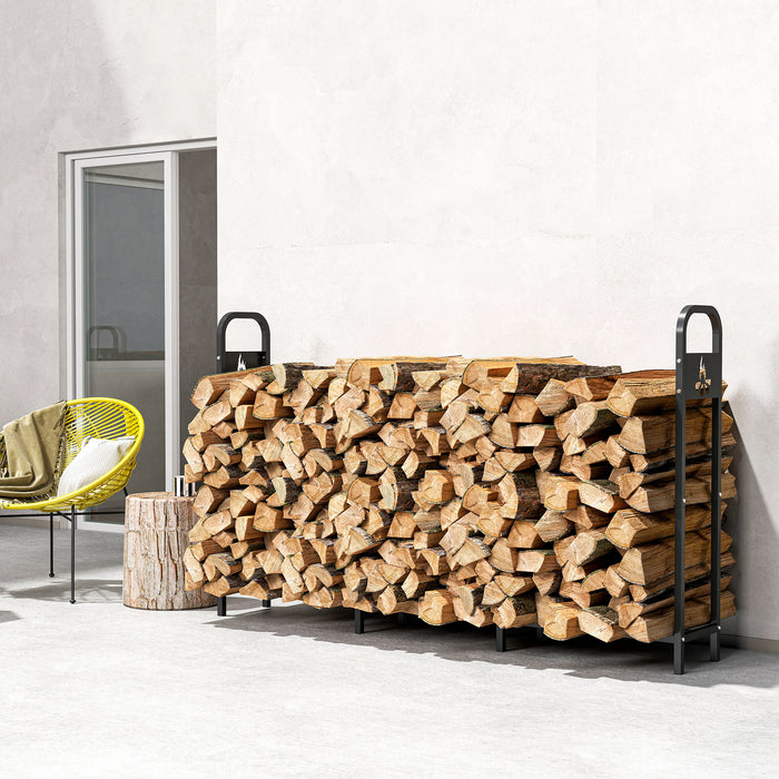 Outsunny 6.5 FT Steel Firewood Log Rack with 300 kg Capacity, Heavy Duty Indoor Outdoor Fireplace Wood Storage Shelf, Log Holder/Stand with Extra Support Legs, Decorative Bonfire Pattern, Black