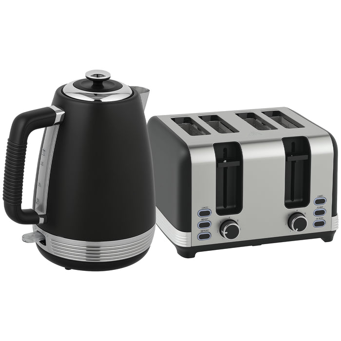 HOMCOM Stainless Steel Kettle and Toaster Set, 1.7L 3000W Rapid Boil Jug Kettle with UK Strix Thermostat, Limescale Filter, 4 Slice Toaster with 7 Browning Controls, Crumb Tray, Black and Silver Tone