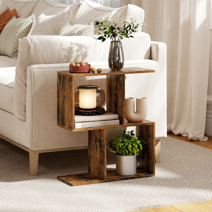 HOMCOM Side Table, Narrow End Table with Storage Shelves, S-Shaped, 3-Tier, 50W x 19.5D x 58H cm, Rustic Brown