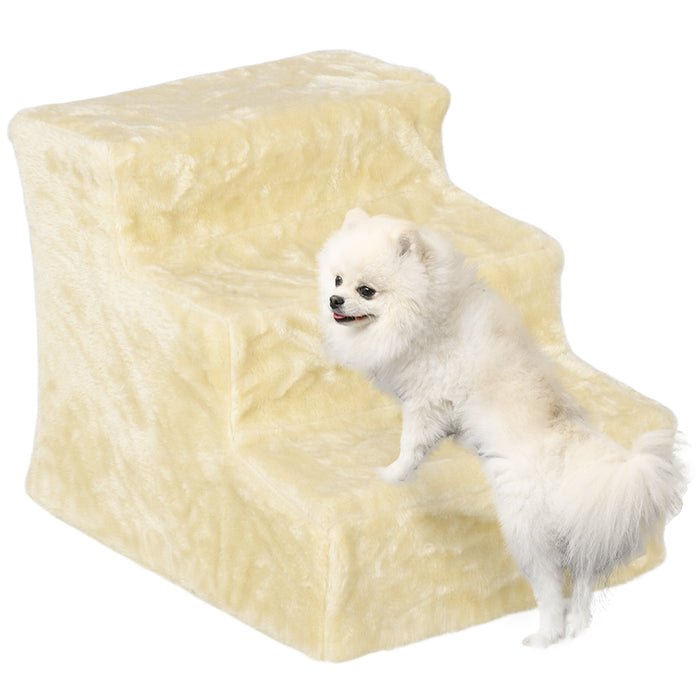 PawHut Three-Step Dog Stairs, with Washable Plush Cover, for High Bed Sofa, Dog Stairs for Small Dog and Cat - Beige | Aosom UK
