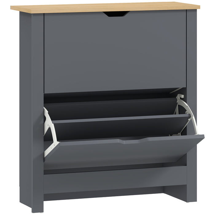 HOMCOM Slim Shoe Cabinet, Narrow Shoe Cupboard with 2 Flip Drawers, Adjustable Shelves for 12 Pairs of Shoes, Charcoal Grey