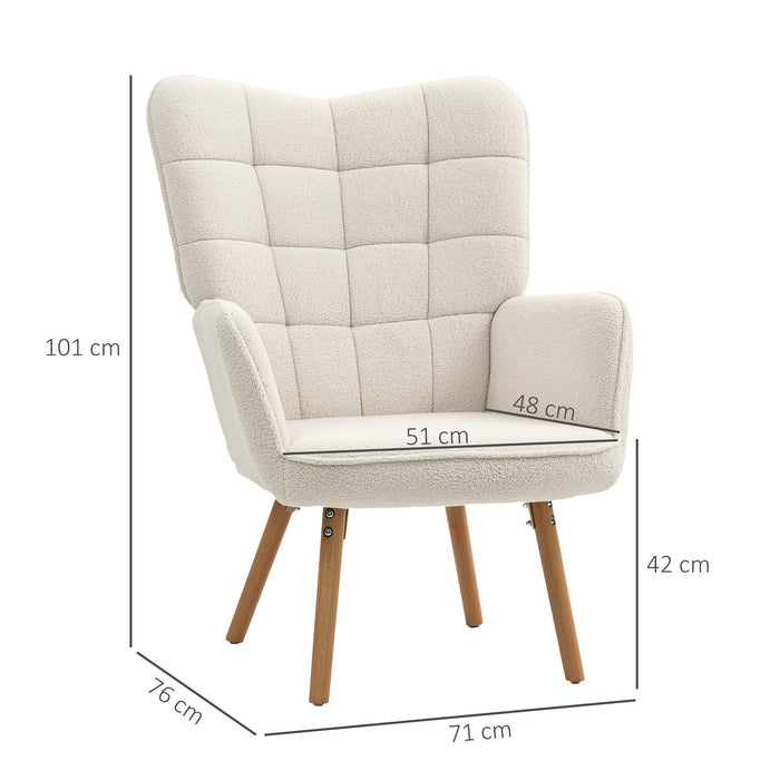 HOMCOM Modern Accent Chair, Upholstered Tufted Wingback Armchair with Seat Padding, Teddy Fleece Leisure Lounge Bedroom Chair with Wood Legs, Cream White