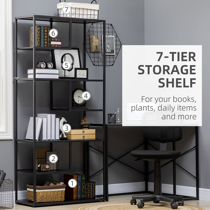 HOMCOM Industrial Accent Display Rack 7 Tier Bookcase, Display Rack for Living Room, Office, Bedroom, Black