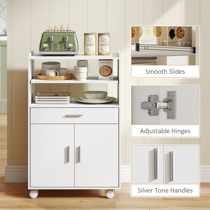 HOMCOM Kitchen Trolley with Wheels, Modern Mobile Microwave Stand with Slide-Out Shelf, Drawer and 2 Doors for Dining Room