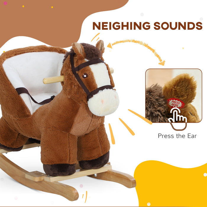AIYAPLAY Kids Rocking Horse, Plush Ride on Horse, with Sound, Wood Base for Aged 18-36 Months - Brown