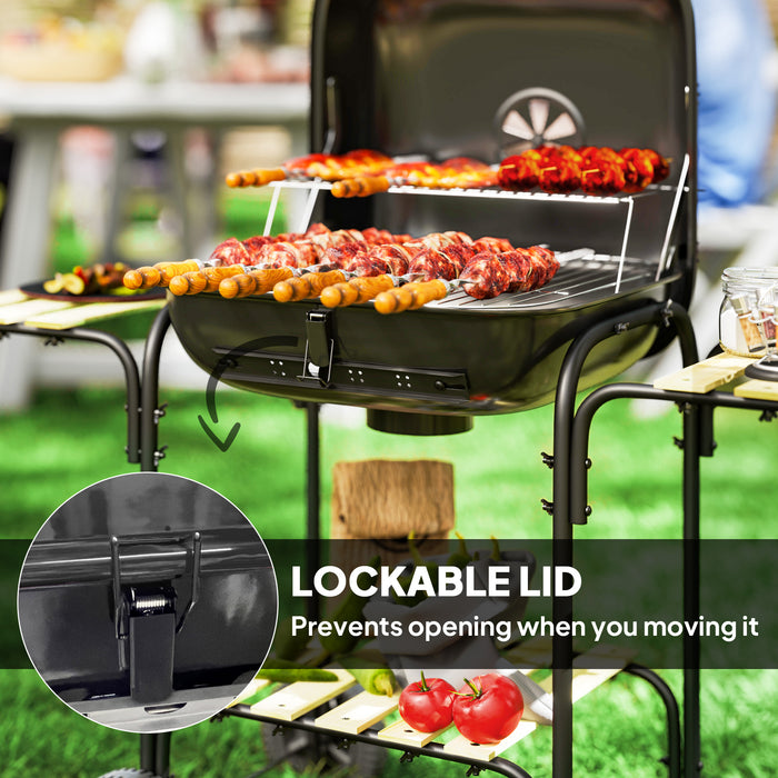 Outsunny Charcoal Barbecue Grill Portable BBQ Grill with 1840 cm² Cooking Area, 3 Shelves, Adjustable Vent, Lockable Lid, Wheels for Outdoor Cooking, Garden Party, Black