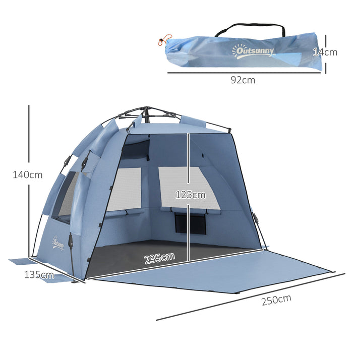Pop Up Beach Tent for 2-3 People - UPF15+ Protection, Extended Floor, Sandbags, Ventilated Mesh Windows - Portable Sun Shelter for Family Outings