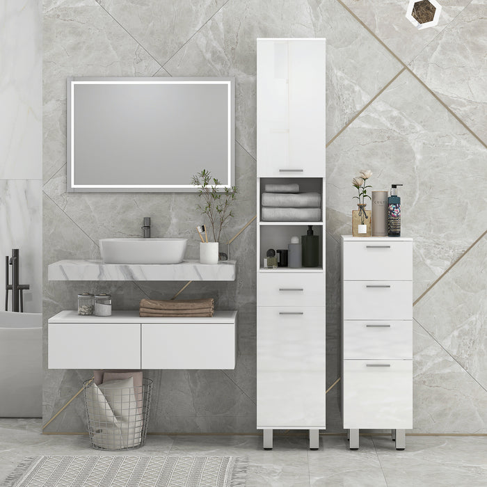 kleankin 71" Tall Slim Bathroom Storage Cabinet, Tall Narrow Cupboard with Drawer, Open Shelves, 2 Doors Cabinets and Adjustable Shelves for Kitchen, Hallway, Living Room, High Gloss White