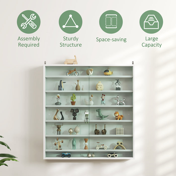 HOMCOM 7-Tier Wall Display Shelf Unit Cabinet w/ 6 Adjustable Shelves Glass Doors Home Office Ornaments 83x80cm, White
