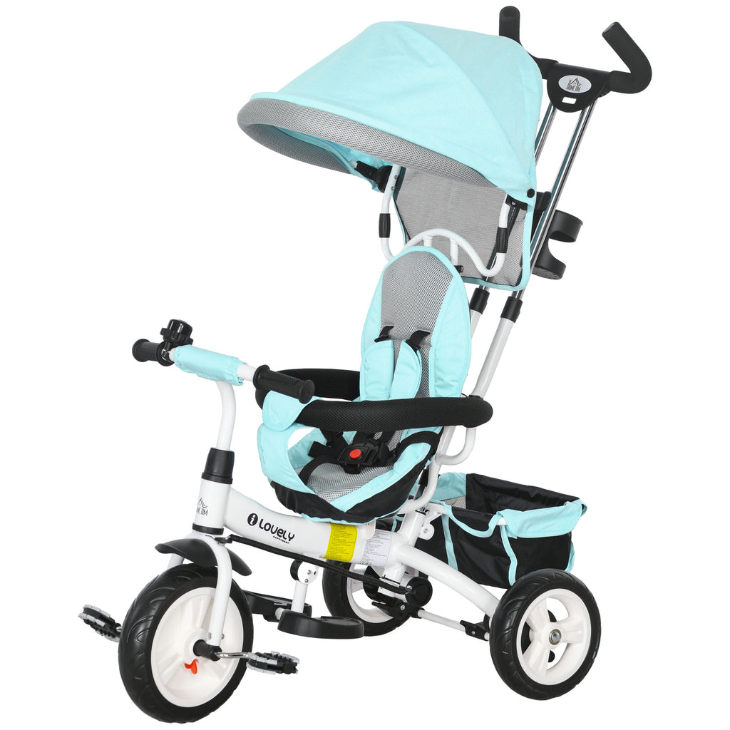 Green 6-in-1 Kids Trike Push Bike - Adjustable Handle, Sun Canopy, Secure 5-Point Harness, Ample Storage, Footrest, Rear Brake - Perfect for Toddlers Ages 1-5 Years