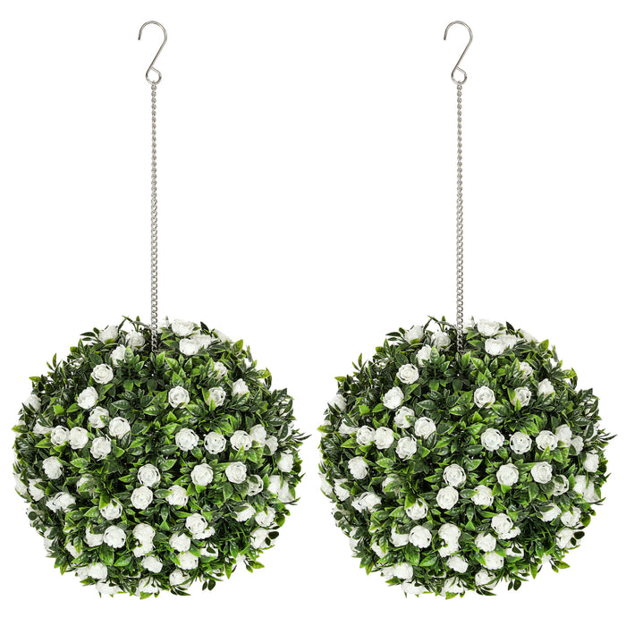HOMCOM Set of 2 Decorative Artificial Plants, UV-protected Artificial Plant Topiary Rose Balls, Fake Plants for Home Indoor outdoor Decor, 28cm, White
