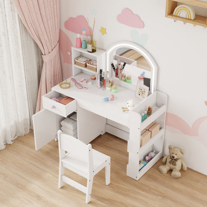 AIYAPLAY Kids Vanity Table and Chair Set, Girls Dressing Table with 2-Colour LED Mirror, Stool, Cabinet, Drawer, Shelves, White