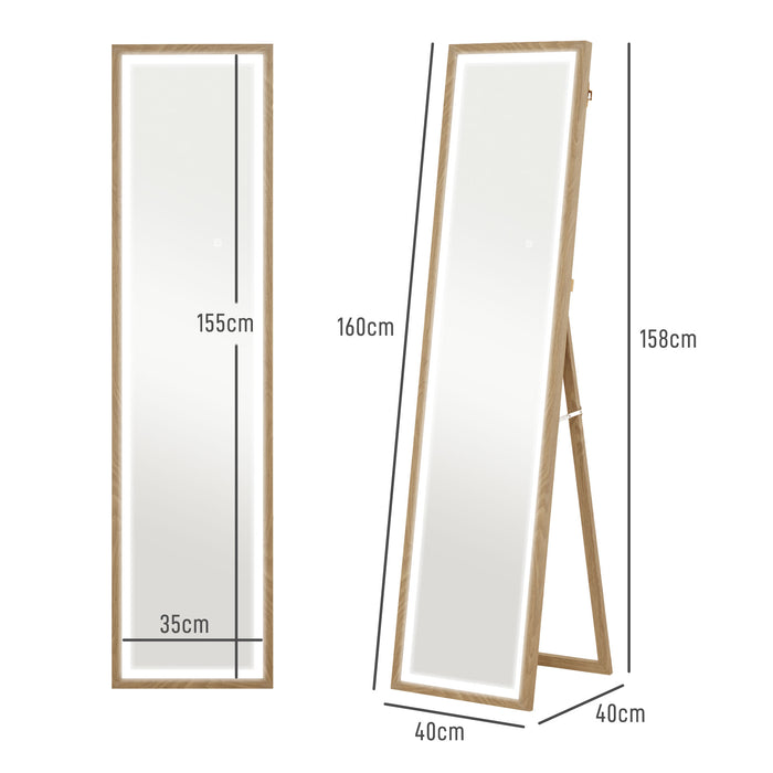 HOMCOM Full Length Mirror, with Adjustable Outer Light, Oak