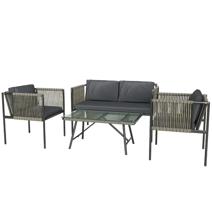 Outsunny 4 Piece Rattan Garden Furniture Set, 4 Seater Wicker Outdoor Furniture Set with 2 Armchairs, Loveseat, Glass Top Coffee Table and Cushions for Balcony, Porch, Grey