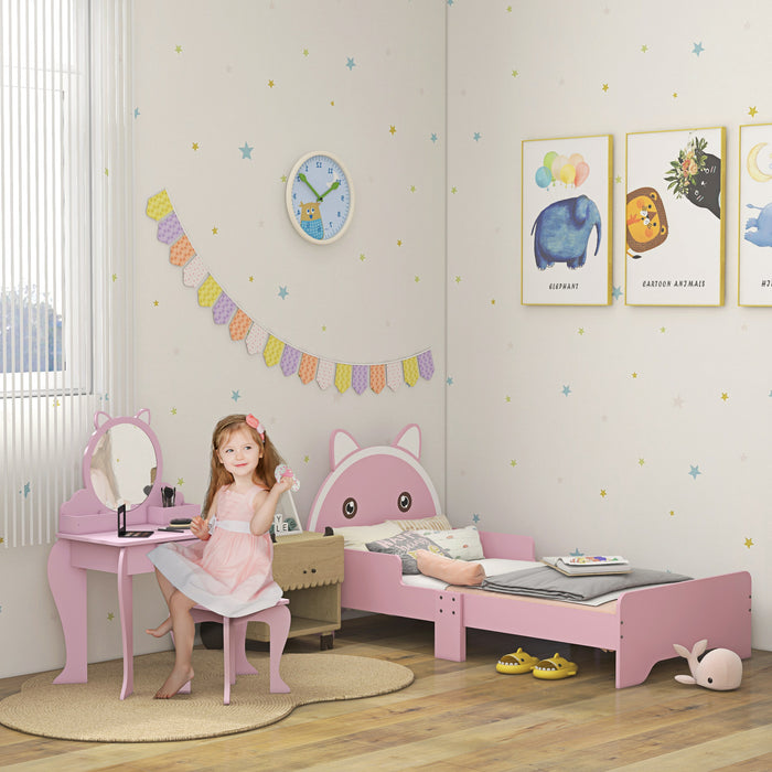 Kids Bedroom Ensemble with Cat-Themed Dressing Table - Wooden Furniture Set Featuring Bed & Stool for Ages 3-6 - Delightful & Functional Decor for Children's Rooms