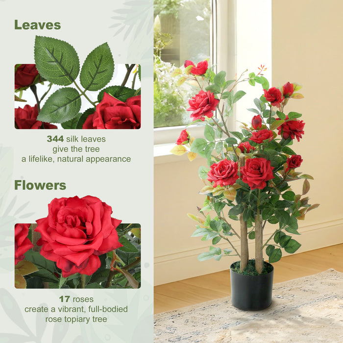 HOMCOM 90cm Artificial Rose Tree, Decorative Fake Plant with 344 Silk Leaves 17 Flowers for Outdoor Indoor Decor, Red