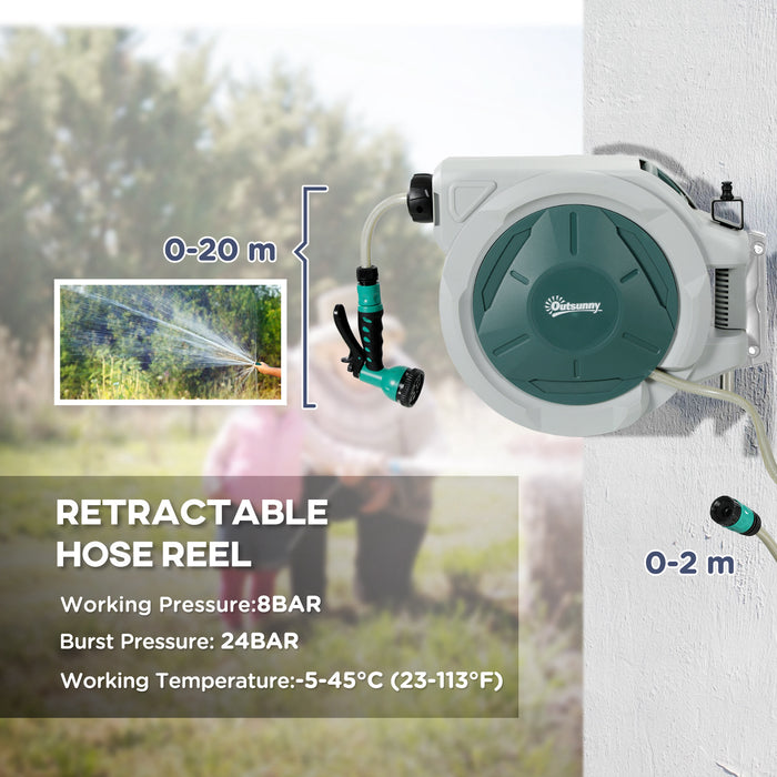 Outsunny Retractable Hose Reel Wall Mounted, 20+2m Garden Hose Pipe Reel with Lock, Auto Rewind, 7 in 1 Spray Nozzle, Includes Wall Fixings, 180° Swivel, Outdoor Watering, Green