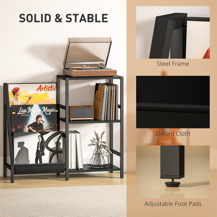 HOMCOM 3-Tier Record Player Stand, End Table for Living Room, Bedroom - Black Wood Effect