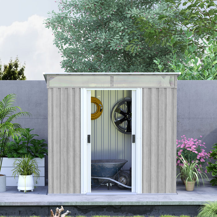 Outsunny 6.5 x 4FT Galvanised Metal Shed with Foundation Kit, Lockable Tool Garden Shed with Double Sliding Doors, Vents, Light Grey Wood Effect