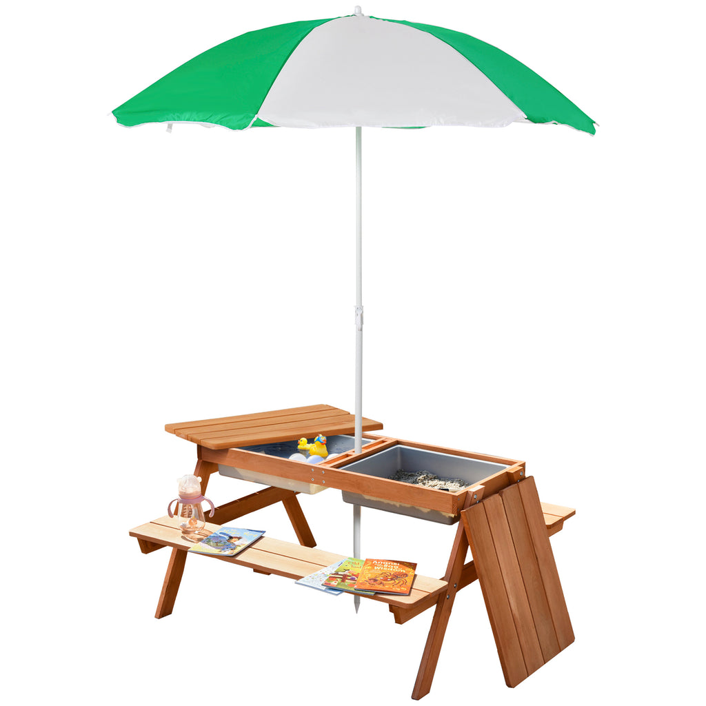 Outsunny Kids Picnic Table with Benches, Wooden Sand and Water Table, Adjustable Parasol, Storage Bins, for Kids 3-6 Years, Brown