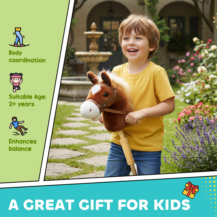 AIYAPLAY Stick Horse with Wood Wheels, Real Pony Neighing and Galloping Sounds, Grip Handle, 95 cm, Brown