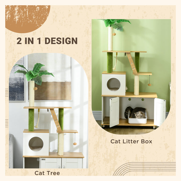 Oak-Themed Cat Tree with Concealed Litter Box Feature - Multi-Level Climbing Tower, Scratching Posts, Playhouse & Steps for Active Cats - Space-Saving Design for Indoor Pet Owners