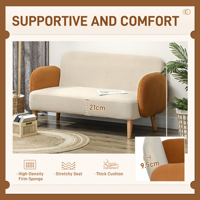 HOMCOM Small 2 Seater Sofa, Modern Nordic Loveseat Sofa Couch with Rubber Wood Legs, Velvet Fabric Sofa for Living Room, Bedroom, Small Space, 130 x 74 x 76cm, Cream White and Orange