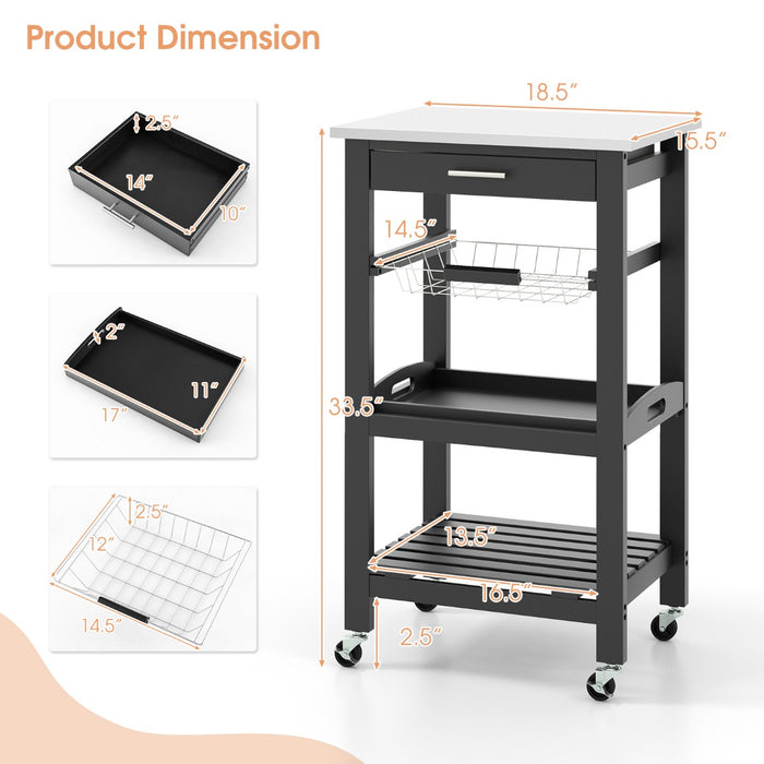 4-Tier Rolling Trolley Cart - Equipped with Lockable Wheels, Basket, and Drawer in Grey - Perfect Storage Solution for Home and Office Spaces