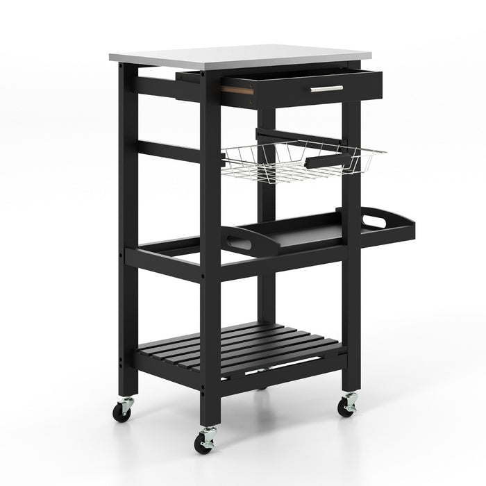 4-Tier Rolling Trolley Cart - Equipped with Lockable Wheels, Basket, and Drawer in Grey - Perfect Storage Solution for Home and Office Spaces