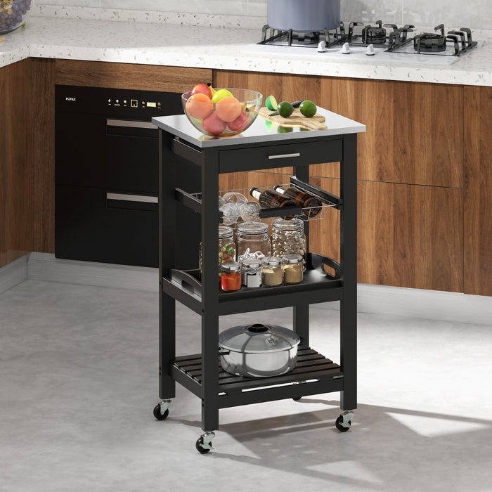 4-Tier Rolling Trolley Cart - Equipped with Lockable Wheels, Basket, and Drawer in Grey - Perfect Storage Solution for Home and Office Spaces
