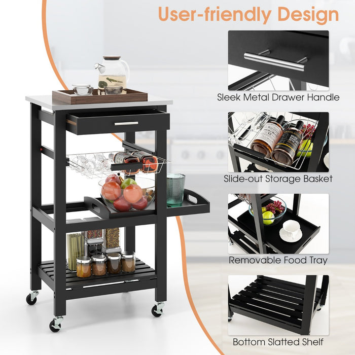 4-Tier Rolling Trolley Cart - Equipped with Lockable Wheels, Basket, and Drawer in Grey - Perfect Storage Solution for Home and Office Spaces
