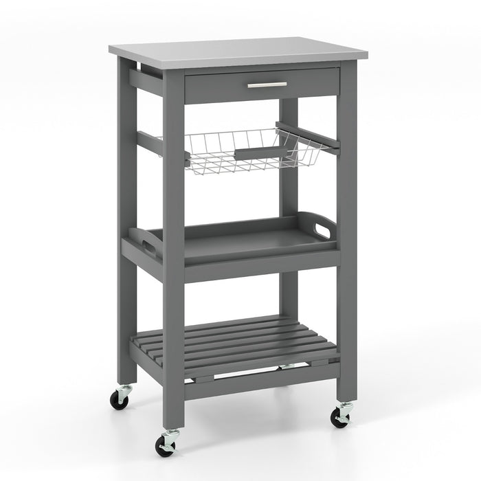 4-Tier Rolling Trolley Cart - Equipped with Lockable Wheels, Basket, and Drawer in Grey - Perfect Storage Solution for Home and Office Spaces