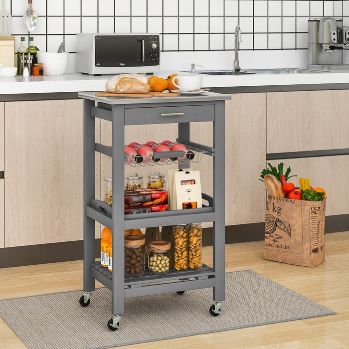 4-Tier Rolling Trolley Cart - Equipped with Lockable Wheels, Basket, and Drawer in Grey - Perfect Storage Solution for Home and Office Spaces