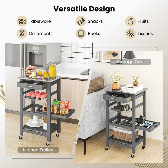 4-Tier Rolling Trolley Cart - Equipped with Lockable Wheels, Basket, and Drawer in Grey - Perfect Storage Solution for Home and Office Spaces