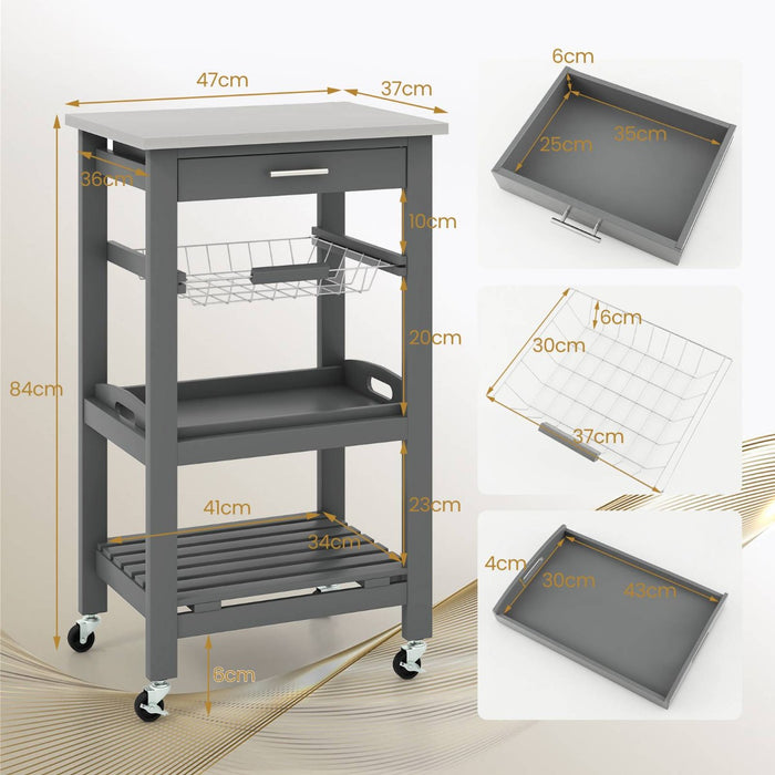 4-Tier Rolling Trolley Cart - Equipped with Lockable Wheels, Basket, and Drawer in Grey - Perfect Storage Solution for Home and Office Spaces