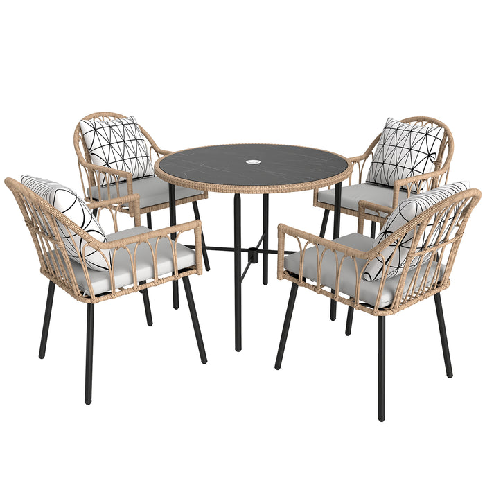 Outsunny 5 Piece Patio Rattan Dining Set, Wicker Garden Table and Chairs w/ Removable Seat & Back Cushions, Round Tempered Glass Tabletop, Parasol Hole, Outdoor Furniture Conservatory Set, Light Brown