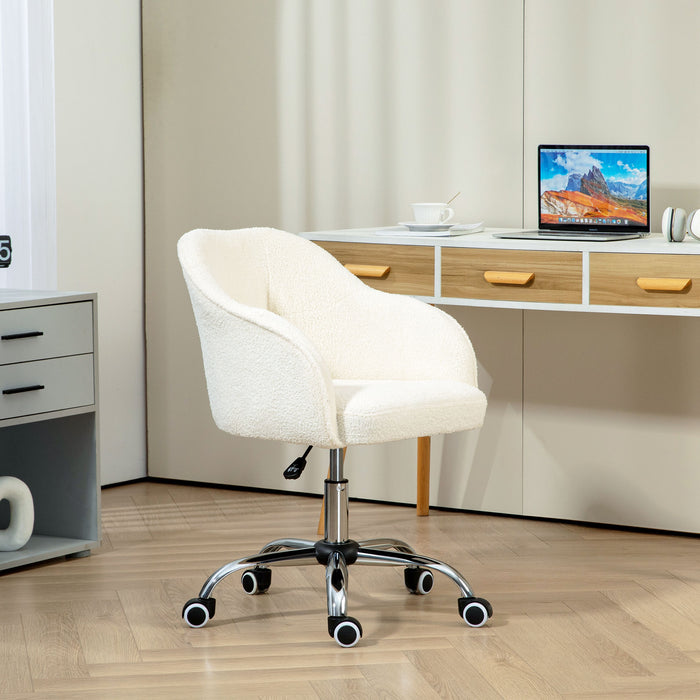 HOMCOM Computer Desk Chair, Fluffy Fabric Swivel Office Chair, Makeup Vanity Chair with Height Adjustable, Wheels, for Home Study Bedroom, Cream White | Aosom UK