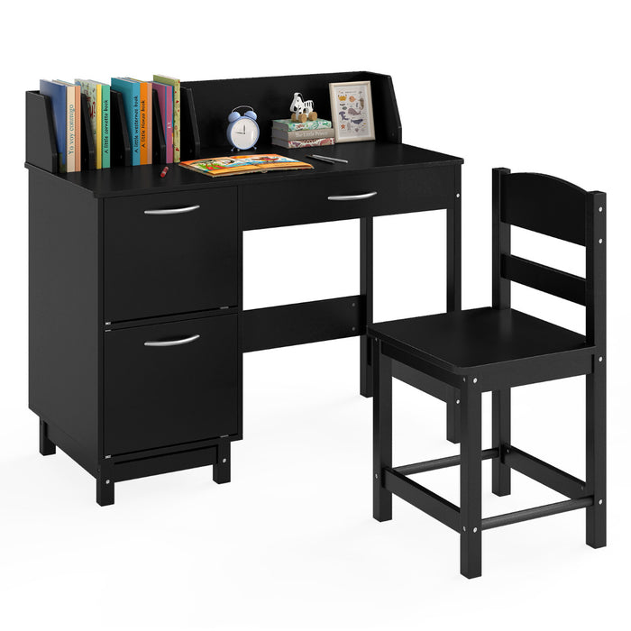 Kid's Study Desk and Chair Set with Deep Drawer and Enclosed Cabinets-