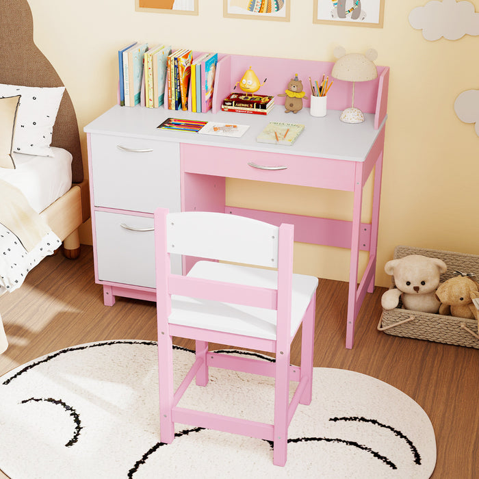 Kid's Study Desk and Chair Set with Deep Drawer and Enclosed Cabinets-