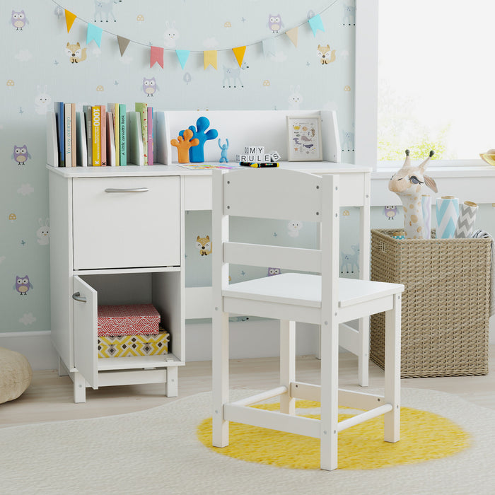 Kid's Study Desk and Chair Set with Deep Drawer and Enclosed Cabinets-